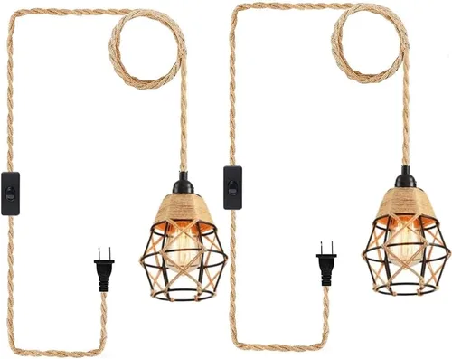 Vista 8 de Lámpara colgante industrial con cable enchufable, interruptor de encendido/apagado de cuerda de cáñamo, lámpara colgante de granja para comedor