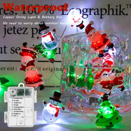 Vista 4 de Curyidy Guirnalda de luces de Navidad, 30 luces LED de cobre con control remoto y resistente al agua, funciona con pilas, para interiores y Papá Noel