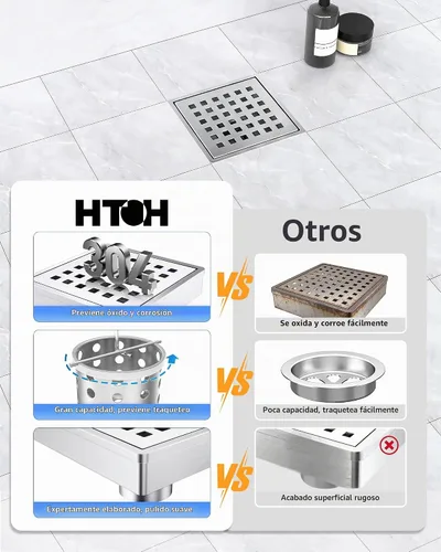 Vista 6 de Drenaje de ducha de 4 pulgadas, moderno drenaje cuadrado de acero inoxidable 304 para baño, drenaje de piso de ducha de níquel cepillado con rejilla