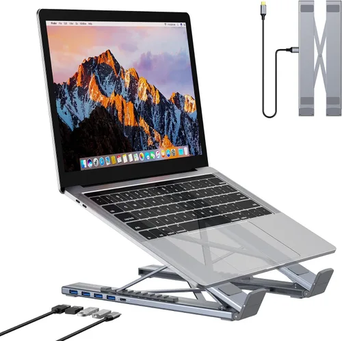 Vista 9 de Estación de acoplamiento con soporte para laptop USB C, monitor dual 4K@60Hz, concentrador USB C 9 en 1 con 2 HDMI, 2 USB 3.0, PD 100W, estación