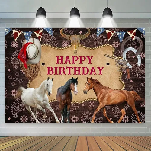 Vista 6 de Decoración de cartel de celebración de caballo para fiesta de cumpleaños, telón de fondo estable del salvaje oeste, fondo de fotos de baby shower