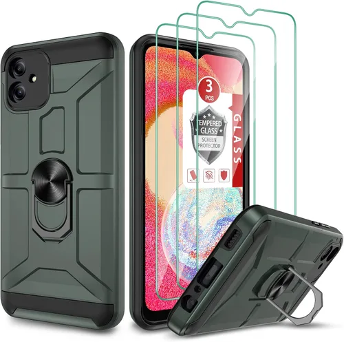Vista 11 de Funda para Galaxy A04e, con [3X protector de pantalla de vidrio templado], soporte de anillo integrado y soporte magnético para automóvil a prueba