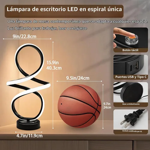 Vista 7 de Lámpara de mesa pequeña moderna con diseño espiral LED, lámpara de mesita NEGRO MATE