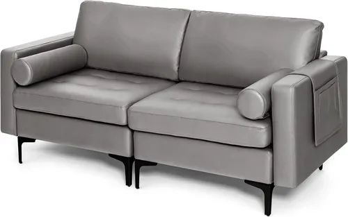 Vista 12 de Giantex Sofá individual, silla decorativa, sillón con cojín cómodo, bolsillos para revistas, sala de estar, silla de ocio tapizada para dormitorio
