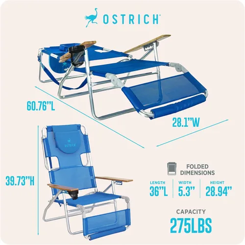 Vista 3 de Ostrich 3N1 Silla reclinable ligera para césped, playa, reclinable con reposapiés, Muebles de exterior para patio, balcón, patio trasero o porche