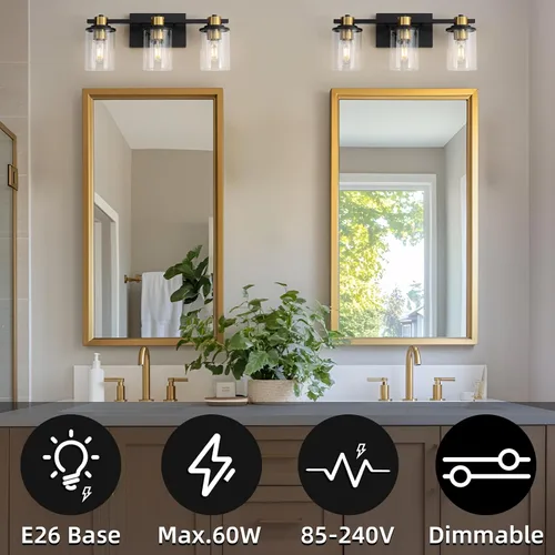 Vista 4 de LOUSACE Lámpara de baño negra y dorada, 3 luces de tocador de baño, moderna luz de baño sobre espejo con pantallas de vidrio transparente, enchufe