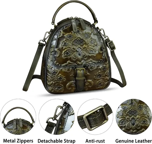 Vista 3 de Bolso bandolera de cuero genuino para mujer, bolso cruzado en relieve, bolso cruzado con asa superior, mochila convertible hecha a mano