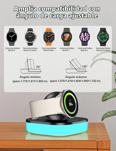 Vista 3 de Soporte de Carga para Cargador de Samsung Galaxy Watch, Base de Carga Magnética Modo Mesita de Noche con Luz y Cable USB para Watch 8/8