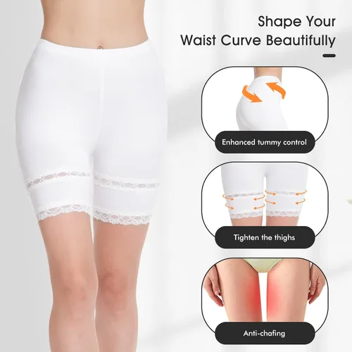 Vista 3 de Subuteay Pantalones cortos para debajo de los vestidos para mujer, de encaje, pantalones cortos para mujer, cintura media, blanco, talla XXL