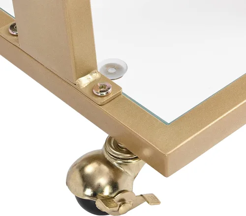 Vista 8 de Mesa auxiliar dorada para sofá con forma de C, mesa de centro de acrílico móvil con ruedas pequeñas de cristal con estantes de 2 niveles