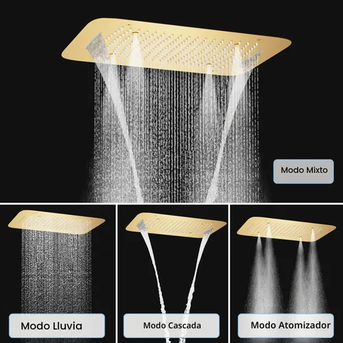 Vista 9 de Sistema de ducha dorado cepillado con cabezal de ducha grande de 16 x 24 pulgadas, cabezal de ducha de triple función, cascada de lluvia, juego