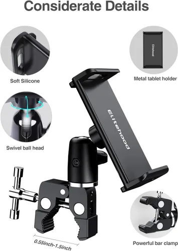 Vista 8 de elitehood Soporte de metal para iPad para soporte de micrófono, soporte de micrófono ajustable de 360°, soporte de iPad de aluminio para soporte