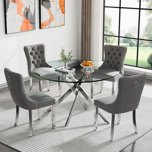 Vista 65 de Juego de mesa de comedor de cristal plateado moderno de 47 pulgadas para 2, juego de mesa de comedor de cocina redonda de 3 piezas con patas