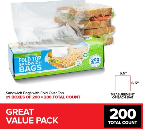 Vista 2 de Stock Your Home 200 bolsas de sándwich transparentes plegables, bolsas de plástico desechables a granel con cierre plegable para restaurantes