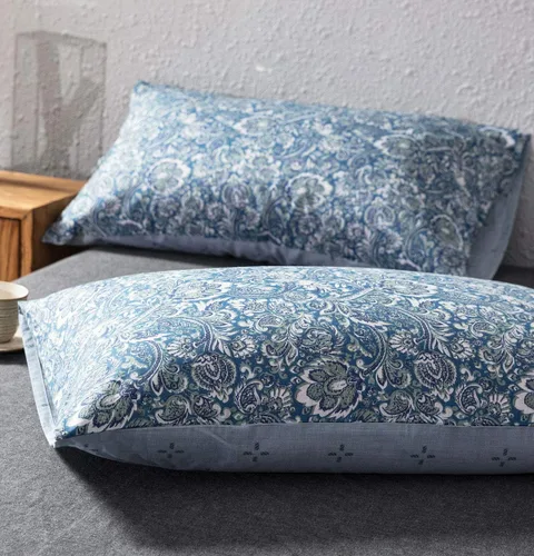 Vista 4 de SLEEPBELLA Juego de funda de edredón de algodón de 600 hilos, juego de ropa de cama (individual, azul-paisley)