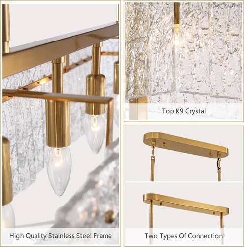 Vista 13 de Lámpara rectangular de cristal de lujo, moderna lámpara colgante rectangular LED, lámpara colgante dorada para comedor, cocina, isla de 40 pulgadas