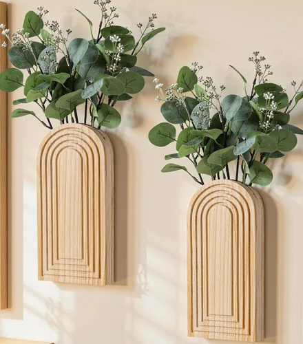 Vista 11 de DREAMLOOM Paquete de 2 jarrones de pared de madera con plantas artificiales de eucalipto, macetas para colgar en la pared, estilo bohemio y moderno