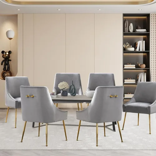 Vista 10 de Juego de 2 sillas de comedor de terciopelo, sillas de comedor tapizadas con patas de metal dorado pulido, sillas auxiliares de cocina de granja, Azul