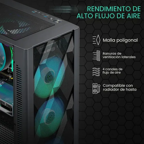 Vista 3 de MUSETEX Carcasa ATX para PC preinstalada 6 ventiladores PWM ARGB, funda de malla poligonal para juegos de computadora, apertura de panel lateral