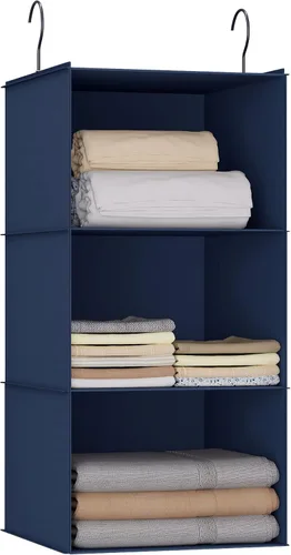 Vista 28 de Organizador colgante para armario y almacenamiento con 3 estantes, estantes colgantes plegables de montaje fácil para guardar ropa, bolsos, zapatos