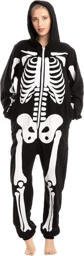 Vista 2 de Spooktacular Creations Disfraz de esqueleto Pijama unisex para adultos con capucha de felpa para Halloween y fiestas temáticas