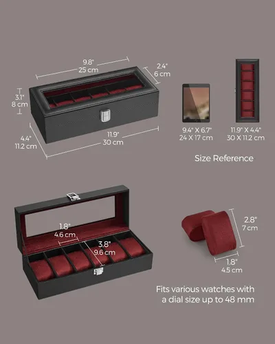 Vista 6 de SONGMICS Caja de reloj, caja de reloj de 6 ranuras con tapa de vidrio grande, almohadas extraíbles para reloj, organizador de caja de reloj, regalo
