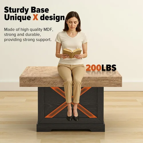 Vista 3 de Mesa de centro Lareth 31.5 pulg. Mesa rústica central con diseño en X de madera pedestal para sala de estar, mesa auxiliar cuadrada de roble oscuro