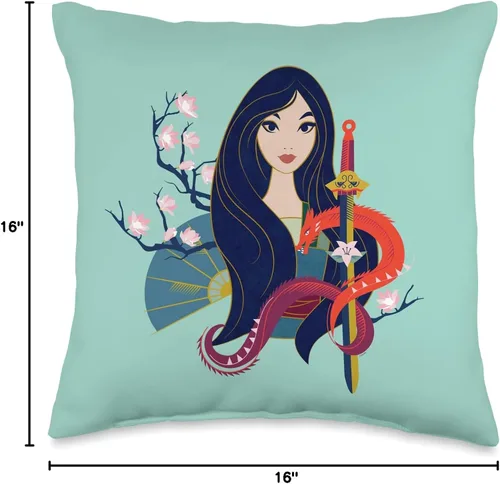 Vista 4 de Disney Princess Mulan and Mushu - Almohada moderna estilo art déco, 16 x 16 pulgadas, multicolor