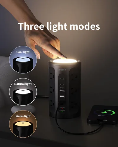 Vista 3 de Torre de regleta de protección contra sobretensiones con 5 puertos USB y luz nocturna, cable de extensión de 10 pies con 12 tomas de corriente Negro