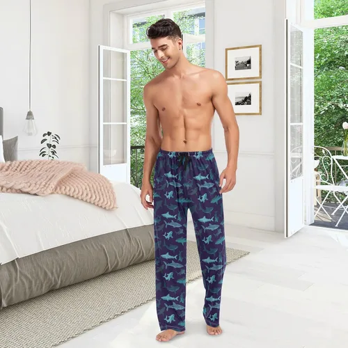 Vista 3 de Pantalones de pijama de cuadros blancos y negros para hombre, pantalones de descanso separados suaves para hombres