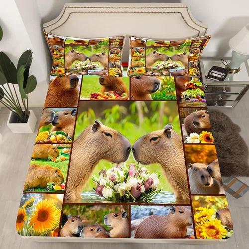 Vista 9 de Capybara - Juego de sábanas bajeras de tamaño individual para niños, amantes de los animales, para niños, adolescentes, regalos para amantes