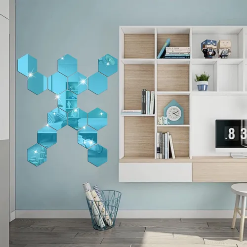 Vista 4 de Juego de 12 calcomanías de pared para bricolaje, espejo hexagonal, para decoración de sala de estar, dormitorio (azul)