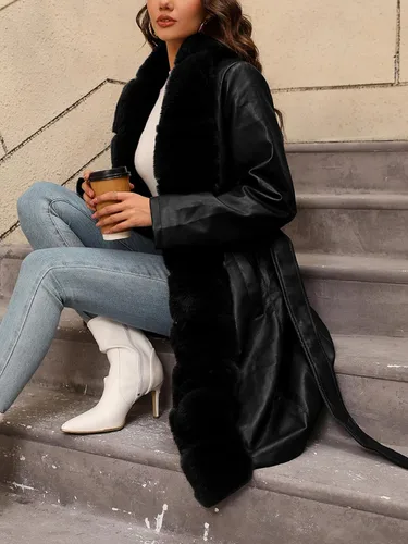 Vista 4 de Bellivera Women's Faux Leather Jacket Furry Trim Parka Coat Negro