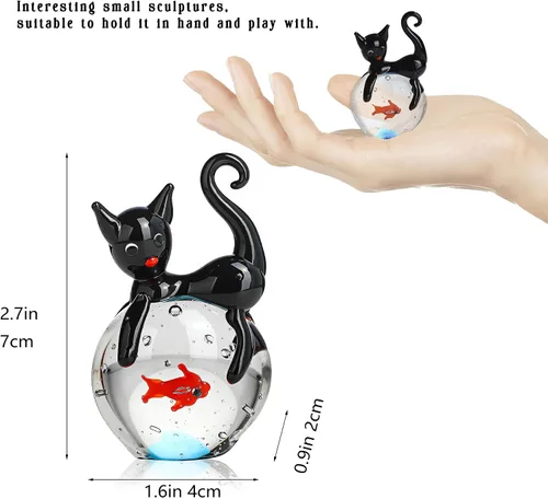 Vista 2 de QFkris Figura de gato negro de vidrio soplado, escultura de animales de cristal de 1.6 pulgadas, figuras coleccionables de arte de gatos y peces