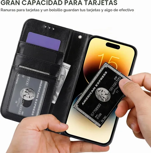 Vista 5 de Funda tipo cartera desmontable Bocasal para iPhone 15 Pro Max con bloqueo RFID, ranuras para tarjetas, soporte magnético, cuero PU premium, atril