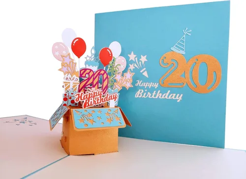 Vista 4 de iGifts And Cards Tarjeta desplegable 3D de 20 cumpleaños – Caja de fiesta azul de moda sorpresa con globos, regalos y vibraciones de celebración