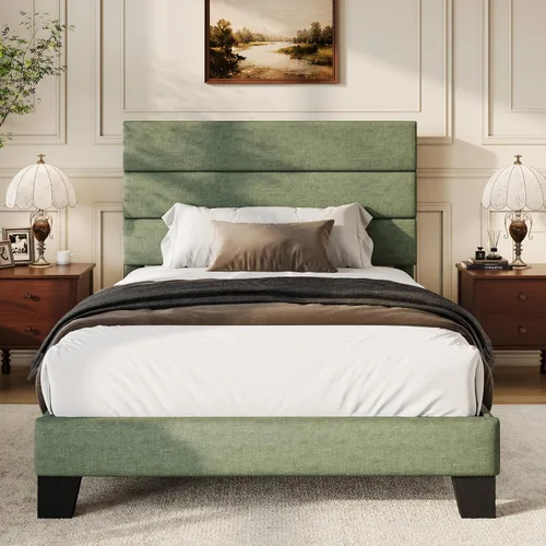 Vista 10 de WEEWAY Base de cama tamaño individual con cabecera tapizada de tela de lino y soporte de listones de madera, base de colchón resistente, no necesita