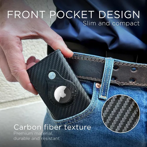Vista 5 de Cartera para hombre Tarjetero de fibra de carbono y llavero AirTag de metal, billetera delgada, cierre magnético y seguridad RFID, Fibra de carbono