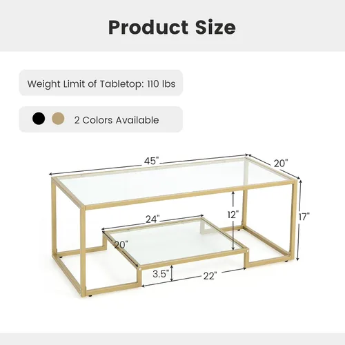 Vista 2 de NAFORT Mesa de centro de cristal templado, mesa central moderna rectangular dorada de 45 pulgadas con estante de almacenamiento inferior