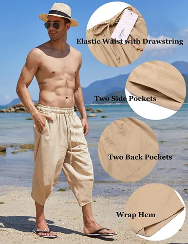 Vista 5 de COOFANDY Pantalones capri harén de lino para hombre, ligeros, sueltos, 34, con cordón elástico, cintura elástica, pantalones casuales para yoga