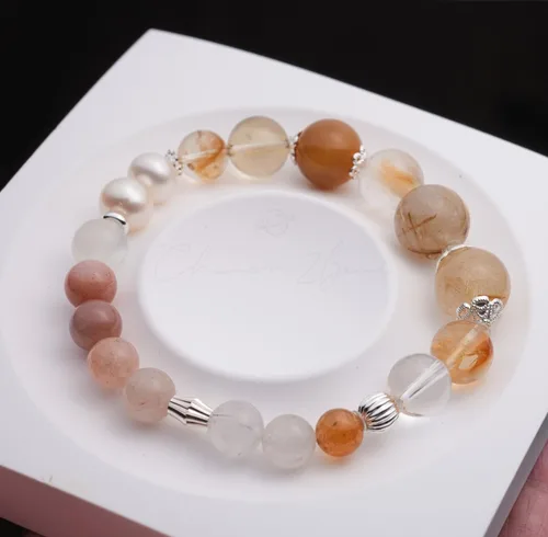 Vista 55 de Precious Gemstone Natural Crystal Healing Bracelet, Rutilated Quartz, Moonstone, Quartz Handmade Original Design Bracelet