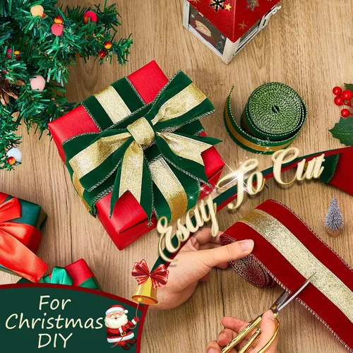 Vista 4 de 2 rollos de cinta de Navidad con borde dorado con cable, rojo y verde