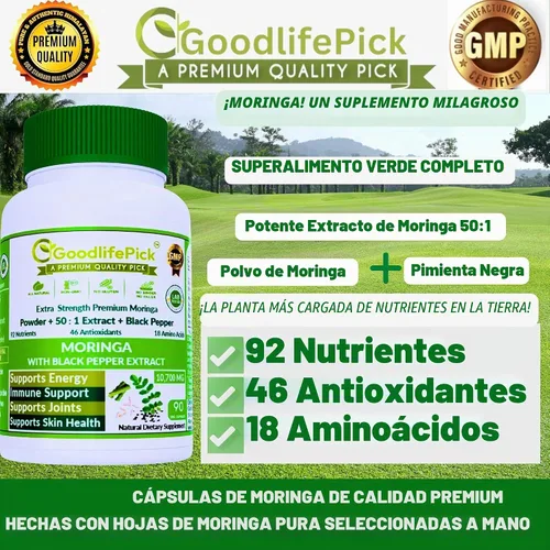 Vista 6 de Cápsulas de moringa prémium con pimienta negra. Polvo de oleifera de moringa y extracto de moringa 50:1 para obtener los máximos beneficios, 90