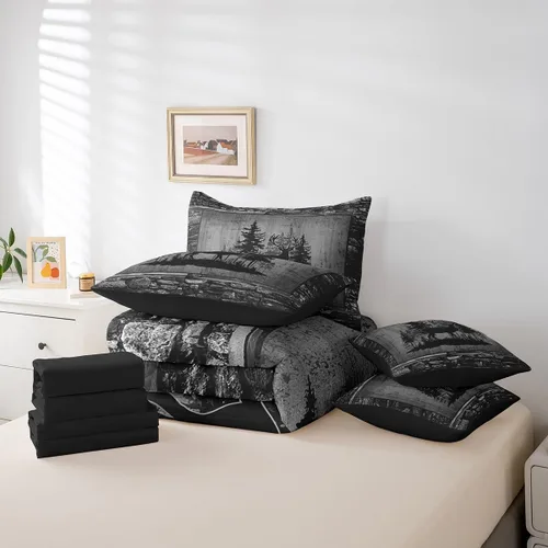 Vista 92 de Feelyou Juego de edredón de ciervo con sábanas – Tamaño Queen 7 piezas Juego de ropa de cama infantil de caza rústica – Cama de ciervo de cabaña