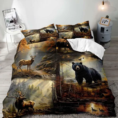 Vista 23 de LUVIVIHOME 2 piezas de funda de edredón con diseño de osos, alces y ciervos en negro, juego de cama individual, ropa de cama rústica de estilo La