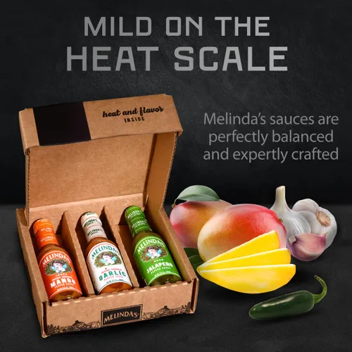 Vista 4 de Melinda's Paquete variado suave y salvaje, juego de regalo de salsa picante gourmet con variedad de sabores frescos, incluye jalapeño, mango y ajo