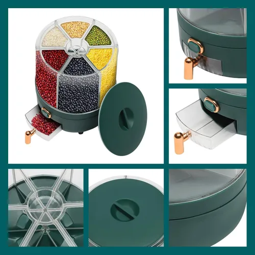 Vista 5 de Dispensador de cereales, Dispensador de grano giratorio de 360° de 6 rejillas, Dispensador de arroz transparente sellado 6 en 1, Contenedor de verde