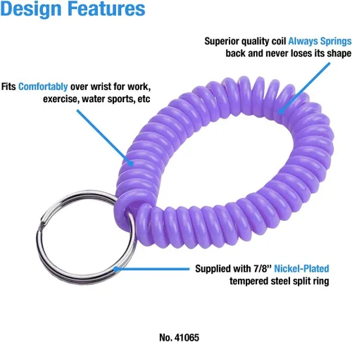 Vista 52 de Lucky Line - Resorte de muñeca en espiral de 2 pulgadas de diámetro con llavero de acero, multicolor, pulsera flexible para muñeca, se estira hasta