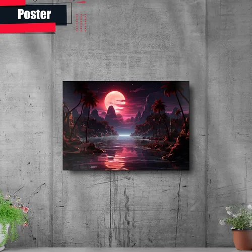 Vista 2 de Neon Sunset Vibes Florida Synthwave Sunset Framed poster Print, Retro Miami Style Wall Art, poster, Wall Decor