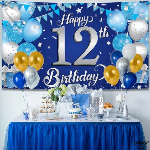 Vista 7 de KatchOn, Cartel de feliz cumpleaños número 12, 72 x 44 pulgadas, decoración de fiesta de feliz cumpleaños número 12 azul y plateado para niños